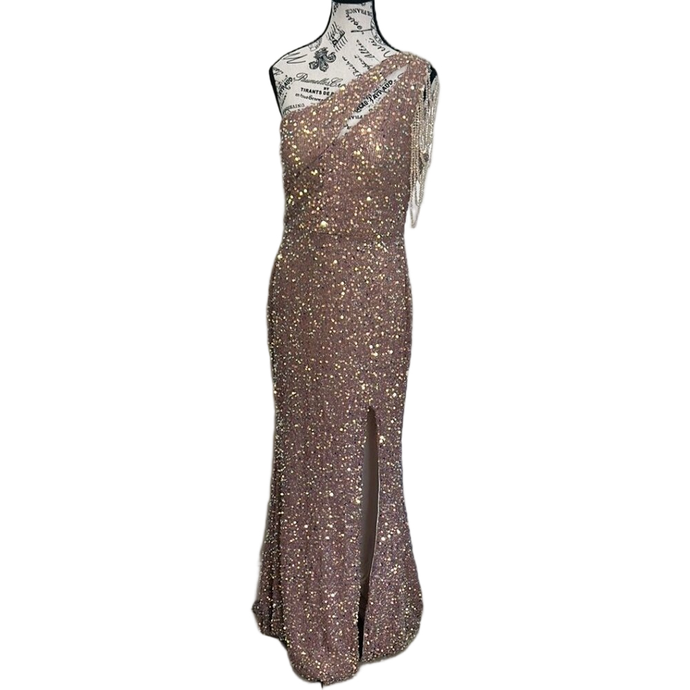 Kalinnu Mermaid Gown Size 12 Gold Sequin One Shoulder Tassel